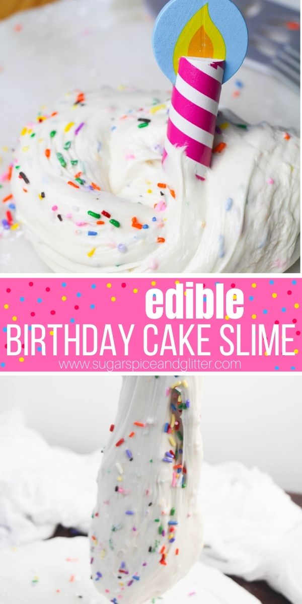 Skip the Cake, and make this EDIBLE Birthday Cake Slime! A fun marshmallow slime recipe using ingredients you probably already have - stretchy, great resistance and smells amazing (plus it's totally safe to take a nibble!)