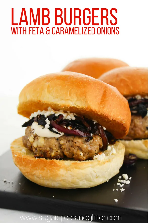 Simple lamb burger recipe topped with feta and caramelized onions for a sophisticated BBQ recipe for foodies