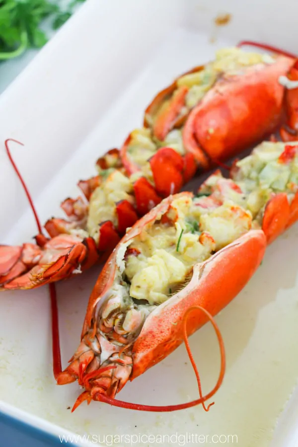Baked, stuffed lobster thermidor inspired by the classic French recipe