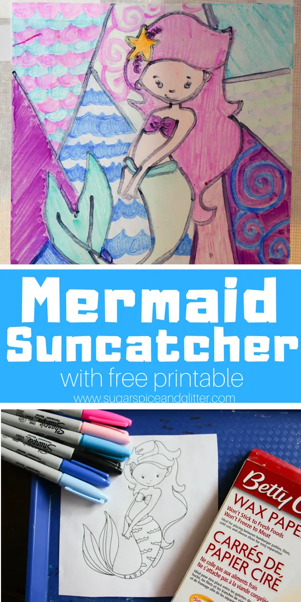 An easy mermaid suncatcher craft for kids - this cute mermaid craft looks like Stained Glass with just a couple household materials. Use our free printable to make this easy mermaid craft