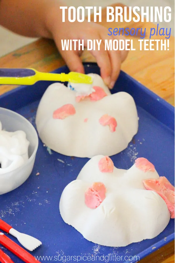 Easy DIY Toothbrushing Sensory Play activity and how to make DIY model teeth to teach kids proper brushing with! Dental Play Idea for kids