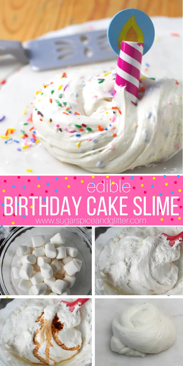 A fun birthday sensory play idea, this edible birthday cake slime comes together in 5 minutes and is completely safe slime for all ages