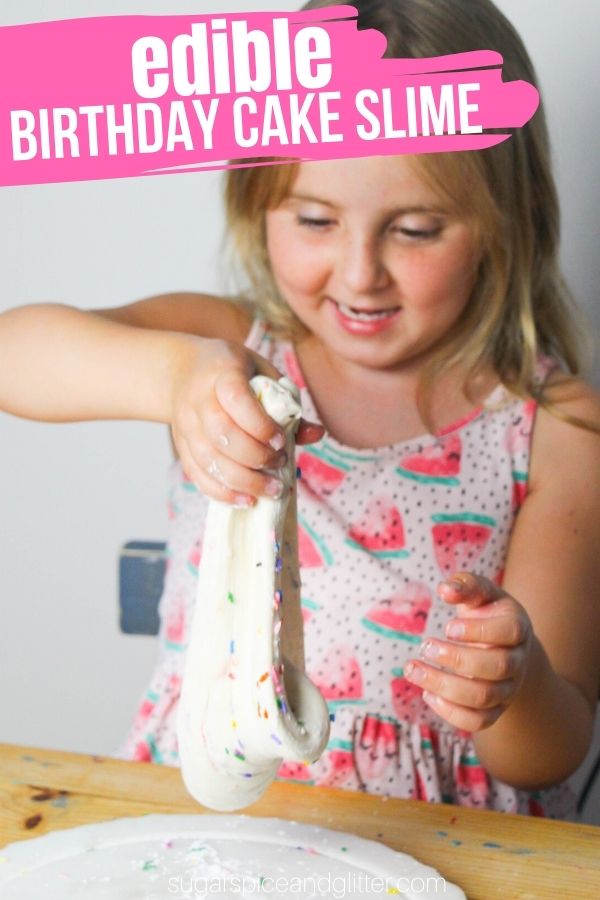 Edible Birthday Cake slime - a fun edible slime recipe made with ingredients you already have in your kitchen! Tastes just like vanilla birthday cake
