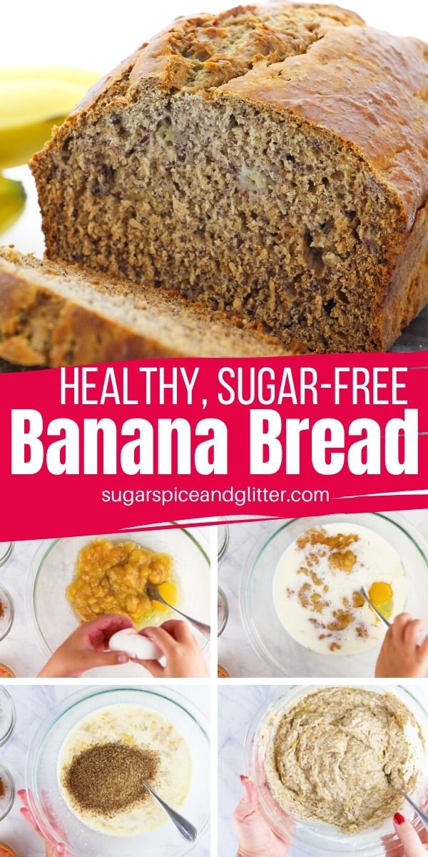 Sugar-free Banana Bread made with flax meal, overripe bananas and honey. This healthy snack is a great way to sneak protein and fibre into your breakfast