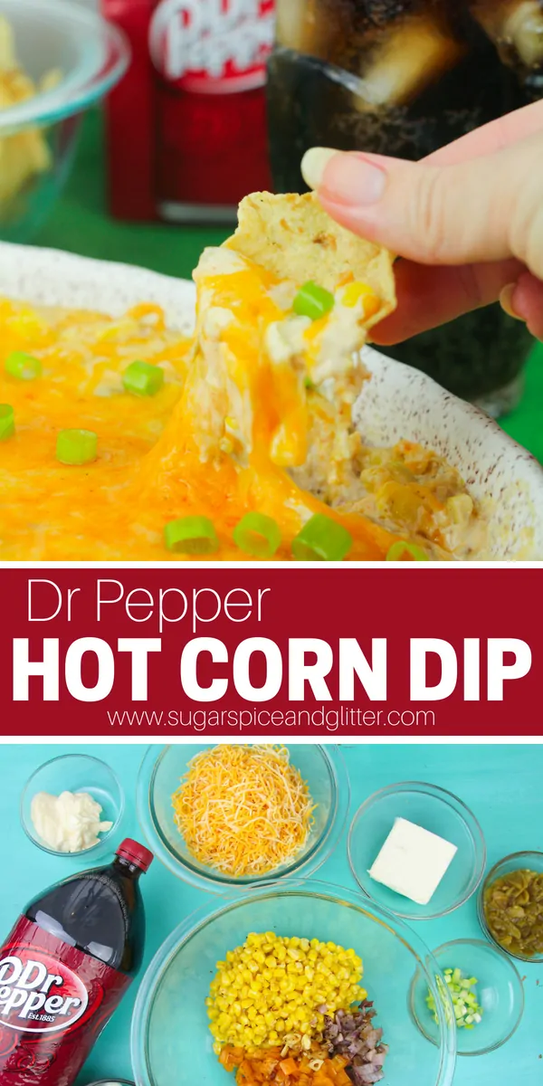 A delicious Dr Pepper Hot Corn Dip is perfect for football parties or tailgating - it's cheesy, savoury and slightly sweet and salty with a hefty dose of veggies. The perfect chip dip for parties