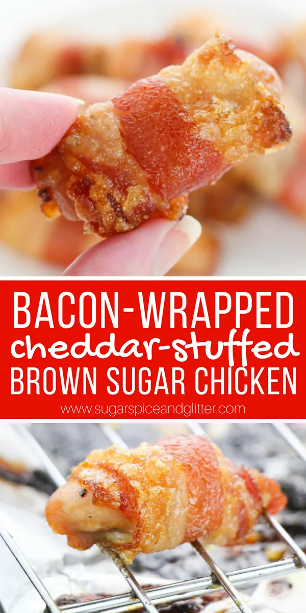 The best chicken appetizer ever: sweet, salty and umami. This bacon-wrapped, cheddar-stuffed brown sugar chicken is one of the best things you will ever eat