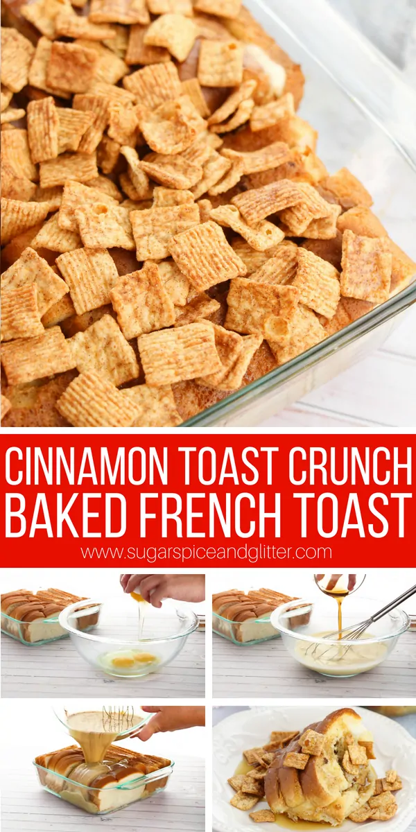 A delicious baked french toast recipe topped with Cinnamon Toast Crunch, this is a fun back to school breakfast that can be prepared the night before! Overnight breakfast french toast for the win!
