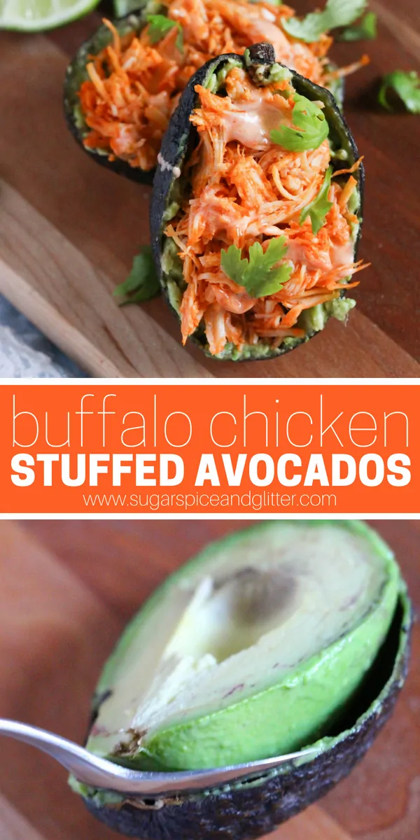 Low carb party food: these Buffalo Chicken Stuffed Avocados are a great way to feel indulged while sticking to healthy eating goals