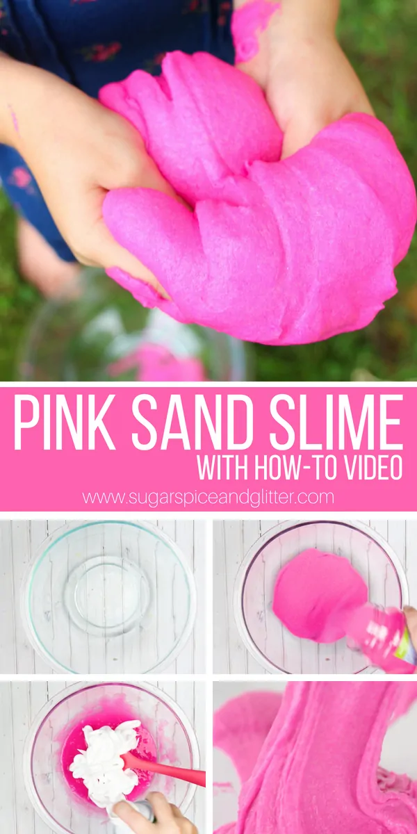 The best sand sensory play idea we've ever tried, this fluffy sand slime is only 4 ingredients and has an amazing texture