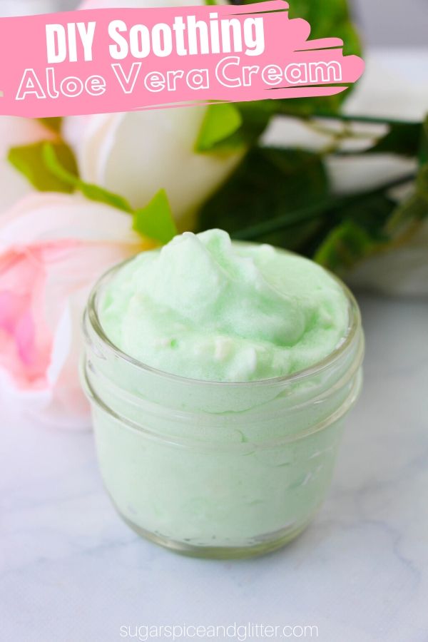 An easy and soothing DIY Aloe Cream for DIY sunburn relief. This is the best way to soothe irritated skin and it feels amazing if you keep it in the fridge, too