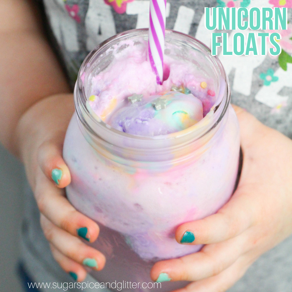 A fun unicorn recipe for kids, this Unicorn Ice Cream Float uses homemade unicorn ice cream for a tasty unicorn dessert for a family movie night or unicorn party