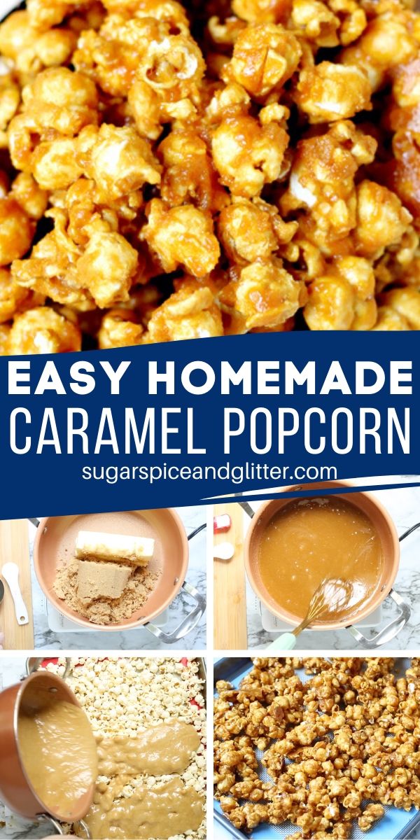 A super simple recipe for homemade caramel popcorn - no special equipment (like candy thermomters) or fancy ingredients needed! The best party popcorn recipe - and you can use it to make homemade Chicago Mix Popcorn