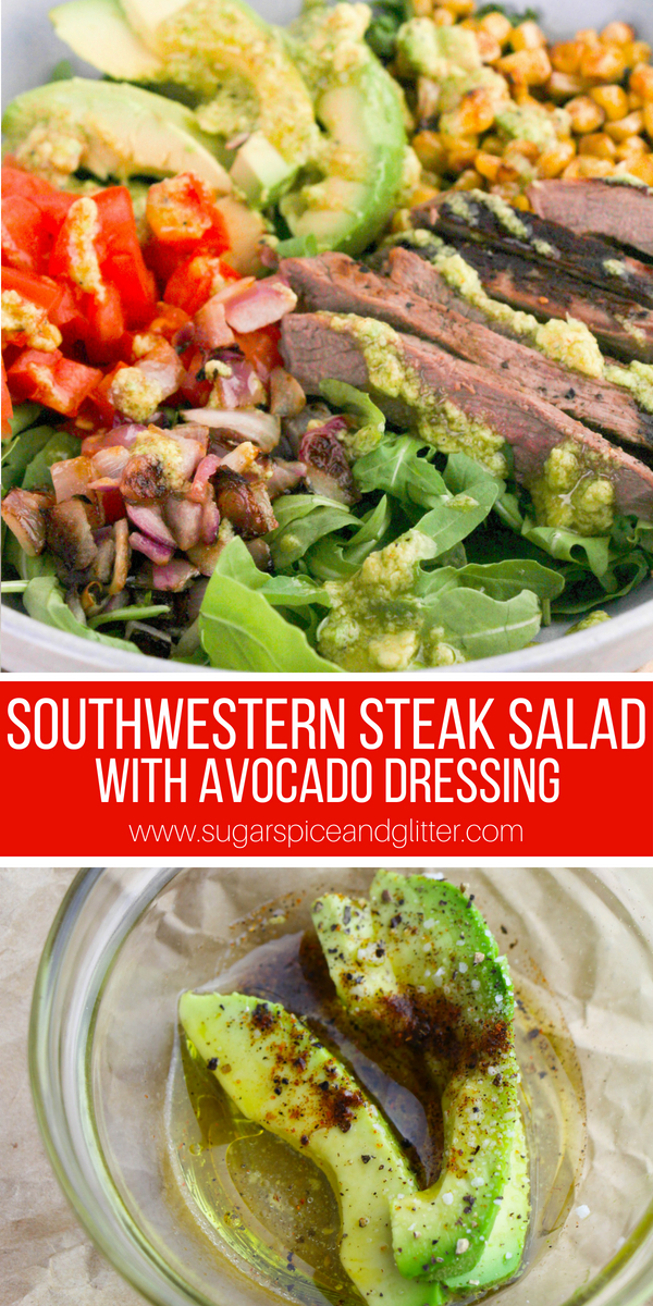 Southwestern Steak Salad with Creamy avocado dressing is dairy-free and delicious! A meal salad that is perfect for meal prepping or resetting after too much indulgence