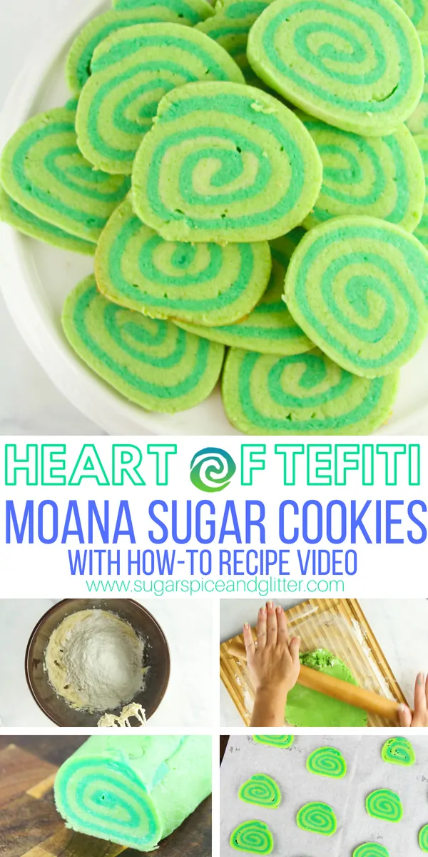 A fun Disney cookie recipe, these Moana-inspired Heart of Tefiti cookies are a simple pinwheel cookie dyed green for a delicious themed dessert