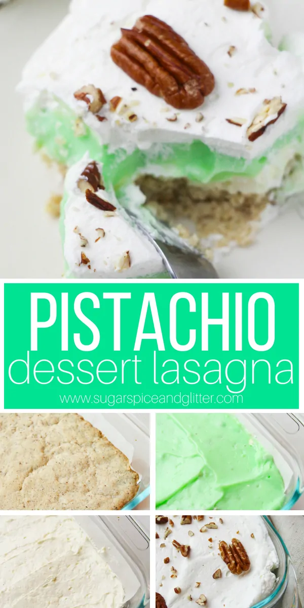 This layered pistachio dessert lasagna is fun and unexpected, and a wonderful treat for any pistachio fan. A fun summer dessert with cream cheese, pistachio pudding and Cool Whip