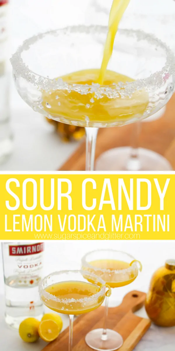 A delicious Lemon cocktail recipe, this Lemon Vodka Martini tastes just like lemon sour candy. It works equally well as a summer cocktail on the patio as it does for Halloween cocktail parties.