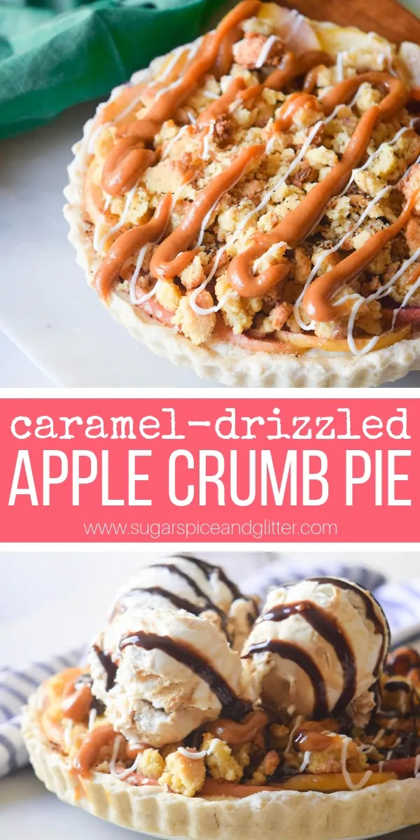 This caramel-drizzle apple crumb pie is a simpler take on a Dutch Apple pie and it works perfectly with just about any fruit combination!