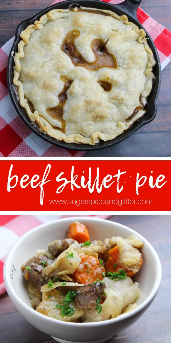 A delicious and easy beef recipe, this Homemade Beef Pot Pie recipe can be made completely in a skillet for minimal clean-up and easy prep! An awesome skillet recipe to add to your collection