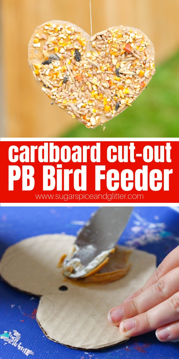 This Peanut Butter Cardboard Bird Feeder is a fun way for kids to make cookie cutter bird feeders in any shape they like and then bird watch in their own backyards