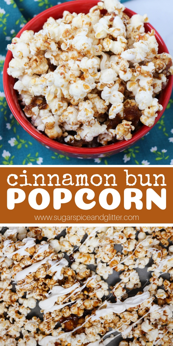 How to make a homemade candied popcorn that tastes just like cinnamon buns! The perfect dessert popcorn for a birthday party or family movie night