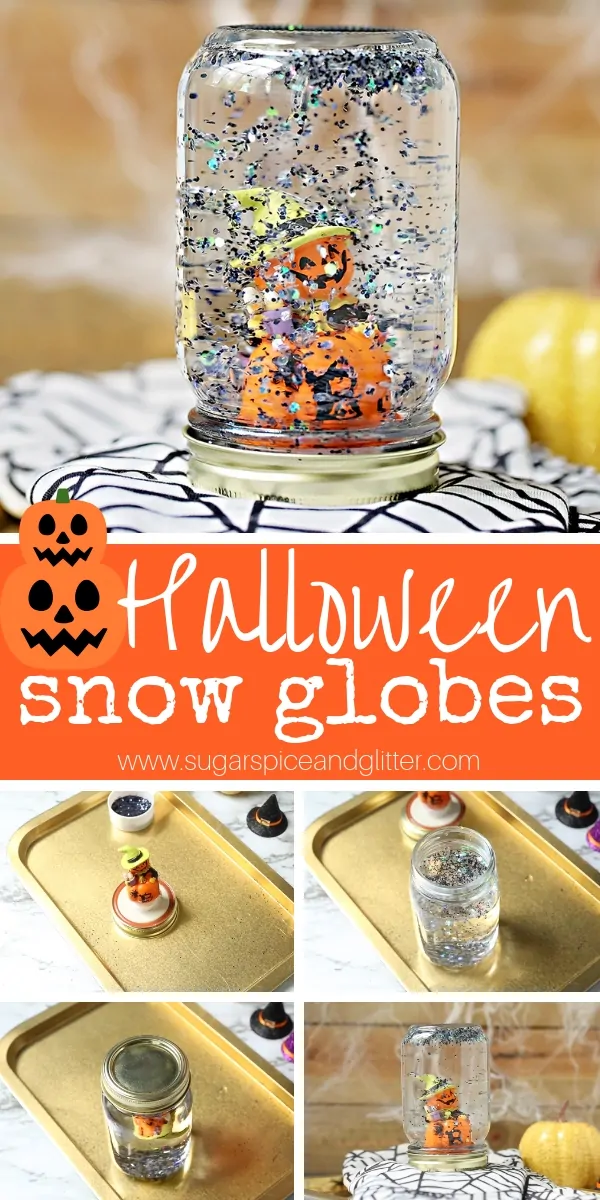 A fun DIY Snow Globe Kids Can Make, this Halloween Snow Globe is super simple Halloween craft for kids to make and a great Halloween party activity!