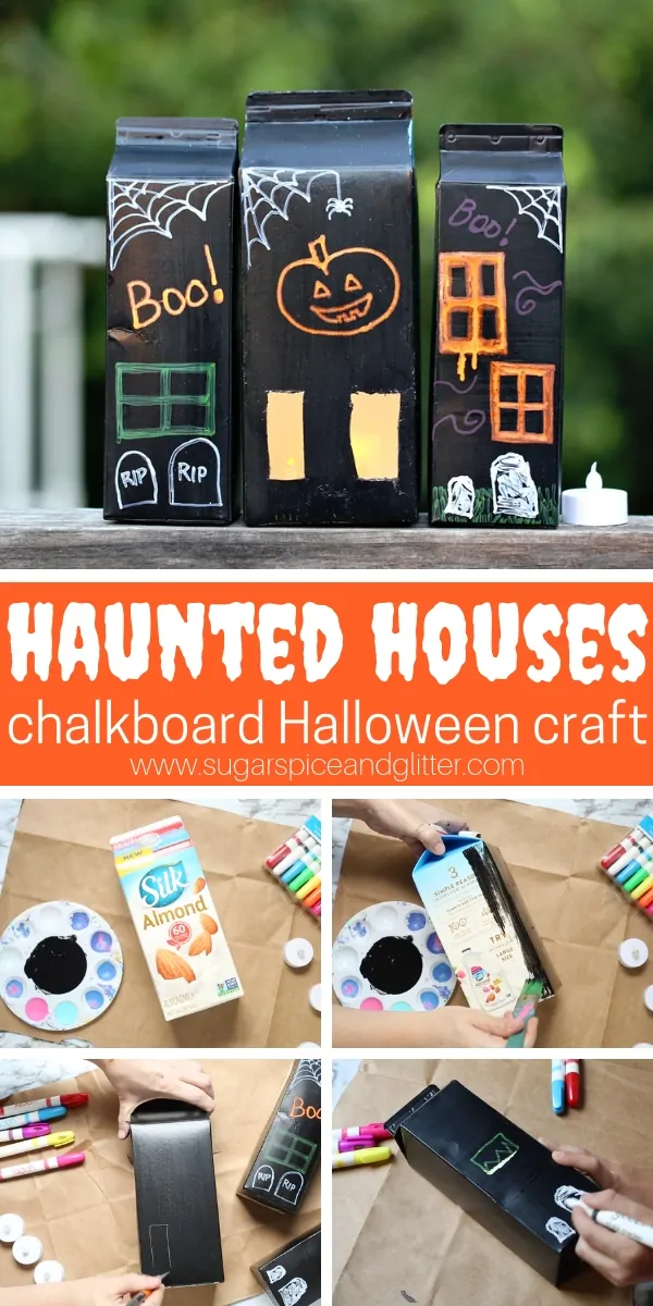 This easy Haunted House chalkboard Halloween craft is the perfect DIY Halloween decoration for kids to help make - plus you can repaint them over and over again
