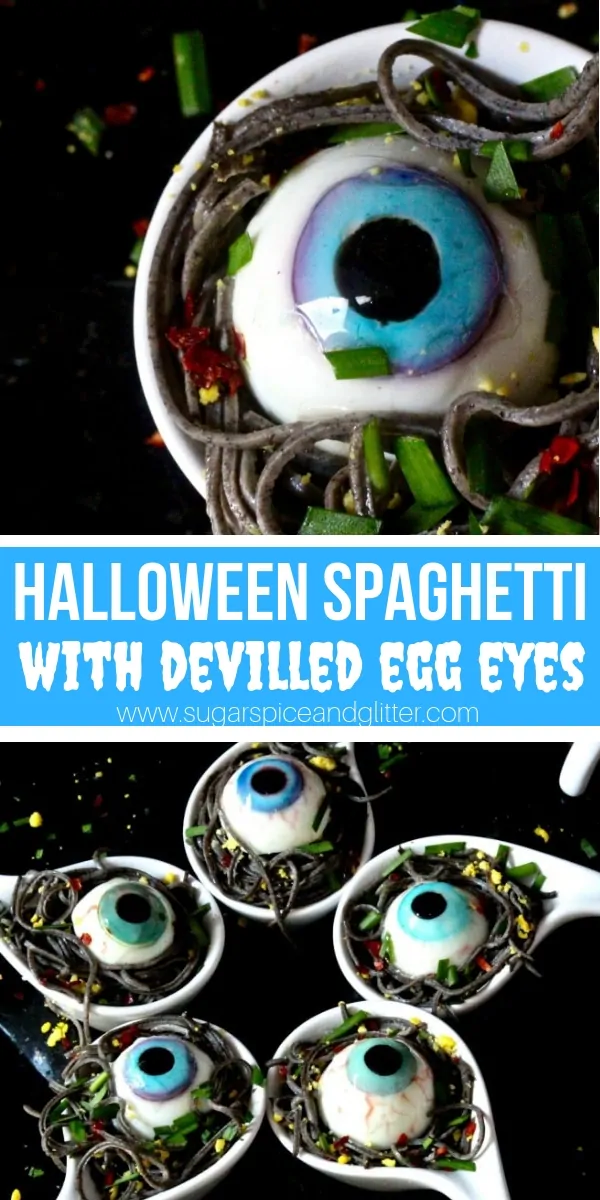 Garlicky Black Bean Pasta with Deviled Egg Eyes - a spooky Halloween meal your whole family will love