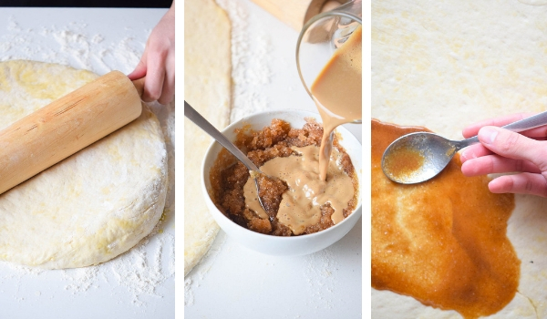 in-process images of how to make pumpkin spice latte cinnamon rolls