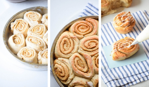 in-process images of how to make pumpkin spice latte cinnamon rolls