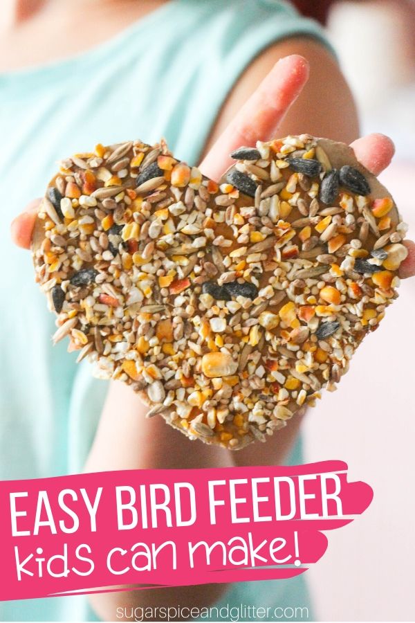 How to make the EASIEST bird feeder ever with materials you already have at home - a super easy activity for kids to do and then watch all of the birds come enjoy their creation!