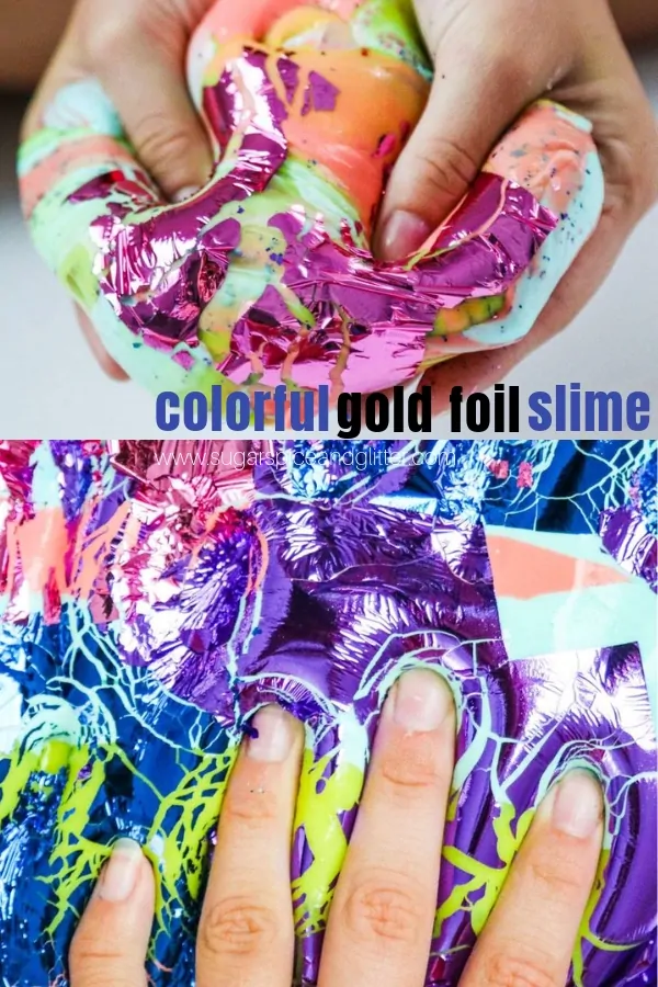 A pretty gold foil contact solution slime with shaving cream for fluffiness and bright neon colors, perfect for a 90s party