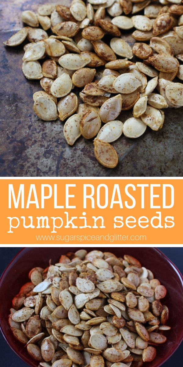 How to Make Maple Roasted Pumpkin Seeds, a healthy, nutrient-dense snack perfect for after carving pumpkins with kids. Use to top yogurt, soups, salads or enjoy on their own!