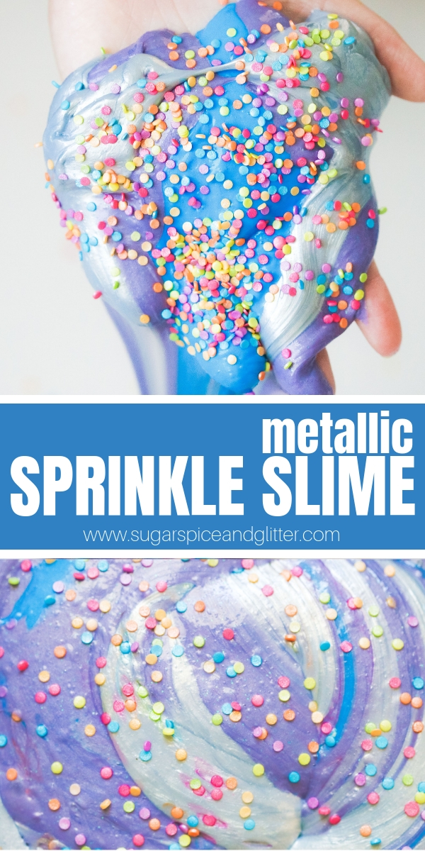 A pretty Metallic Slime with Sprinkles is the perfect party slime - the sprinkles create small rainbows in your slime and add a festive touch. An easy slime without borax and without food dye