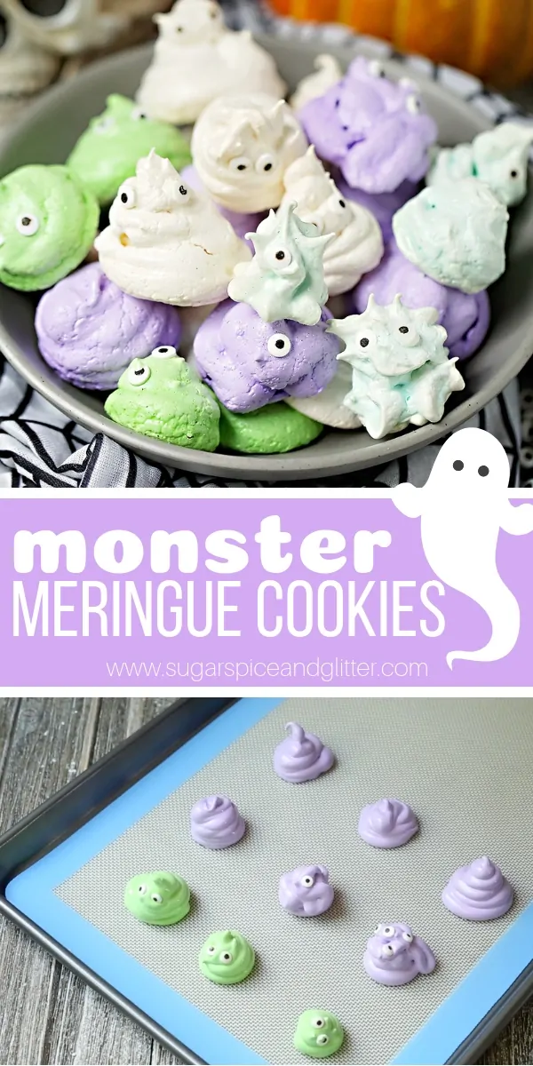 A fun Monster Meringue Cookie recipe that isn't spooky or scary - perfect for a Halloween party dessert or a simple edible Halloween cupcake topper