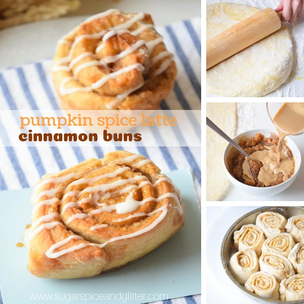 composite image of pumpkin spice latte cinnamon rolls plus three images showing how to make the recipe