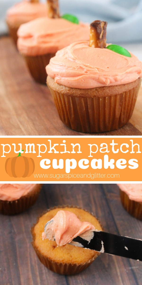 These super simple fall cupcakes can be whatever cake flavor you want, topped with a simple vanilla buttercream and decorated to look like little pumpkin cupcakes