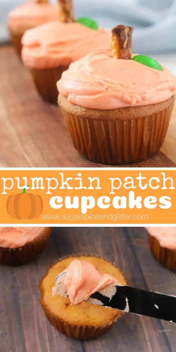 These super simple fall cupcakes can be whatever cake flavor you want, topped with a simple vanilla buttercream and decorated to look like little pumpkin cupcakes