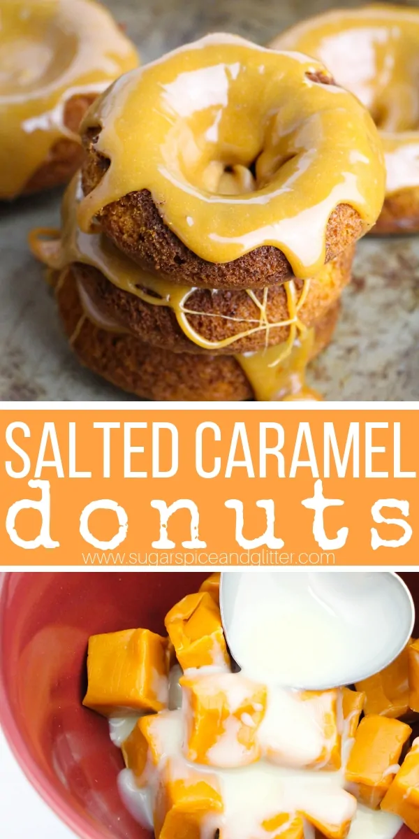 A delicious homemade donut recipe for fall, these Salted Caramel Donuts have finely diced apples in the batter for a delicious twist on a caramel apple dessert!