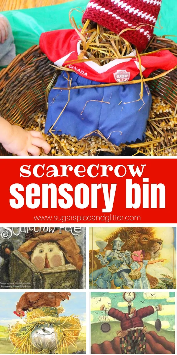 Montessori-inspired Scarecrow Sensory bin for preschoolers, this fall sensory bin is perfect for playing with as you read a scarecrow book and allows children to create their own mini scarecrows