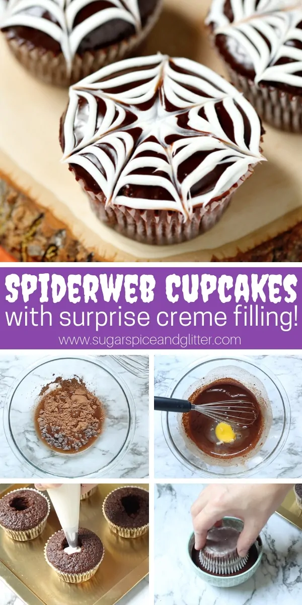 A spooky and fun Halloween cupcake recipe, these Spiderweb Cupcakes have a surprise cream filling and taste just like a Hostess cupcake!