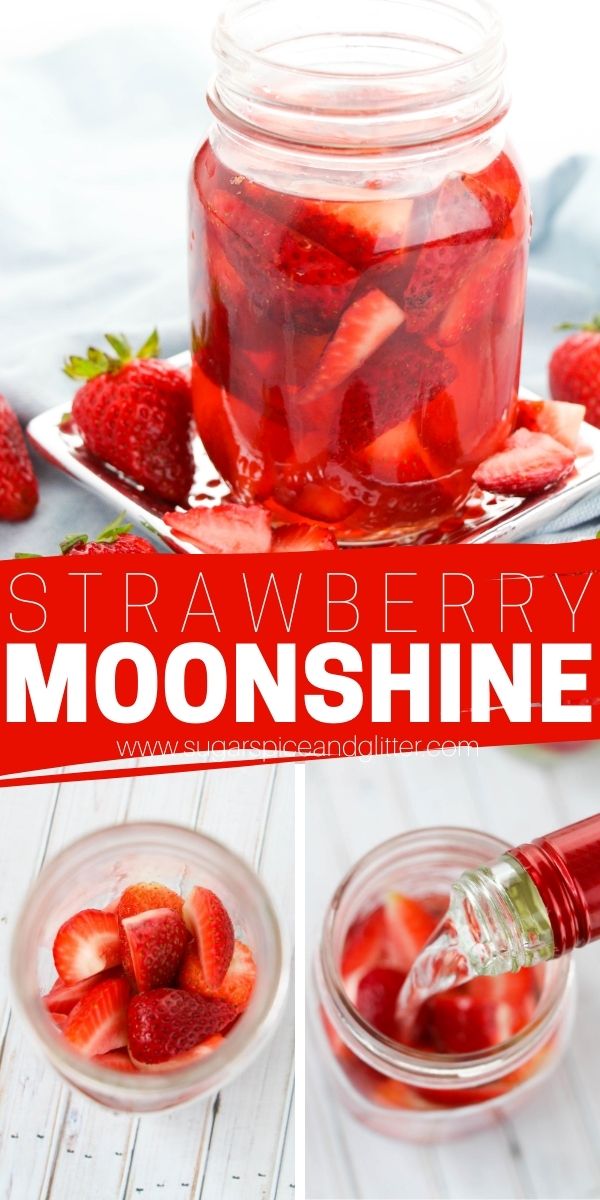 A delicious and simple Strawberry Moonshine, made with store-bought vodka and fresh strawberries. Also contains a recipe for lemon simple syrup to make this a Strawberry Lemonade Moonshine - perfect for strawberry cocktail mixing