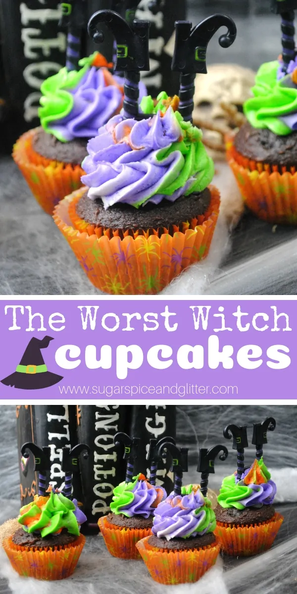 These Worst Witch-inspired cupcakes are actually the BEST chocolate Halloween cupcakes and super easy to make, too!