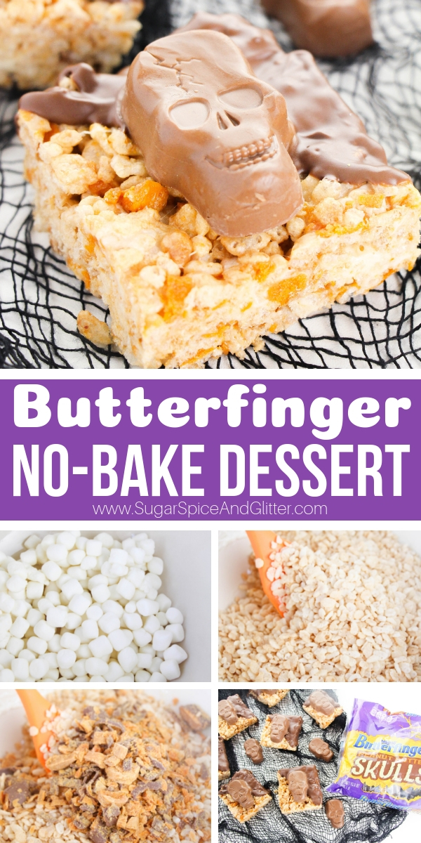 A fun Butterfinger Dessert recipe for Halloween, these No-Bake Butterfinger Treats are a super simple dessert for your Halloween party or a family Halloween movie night.