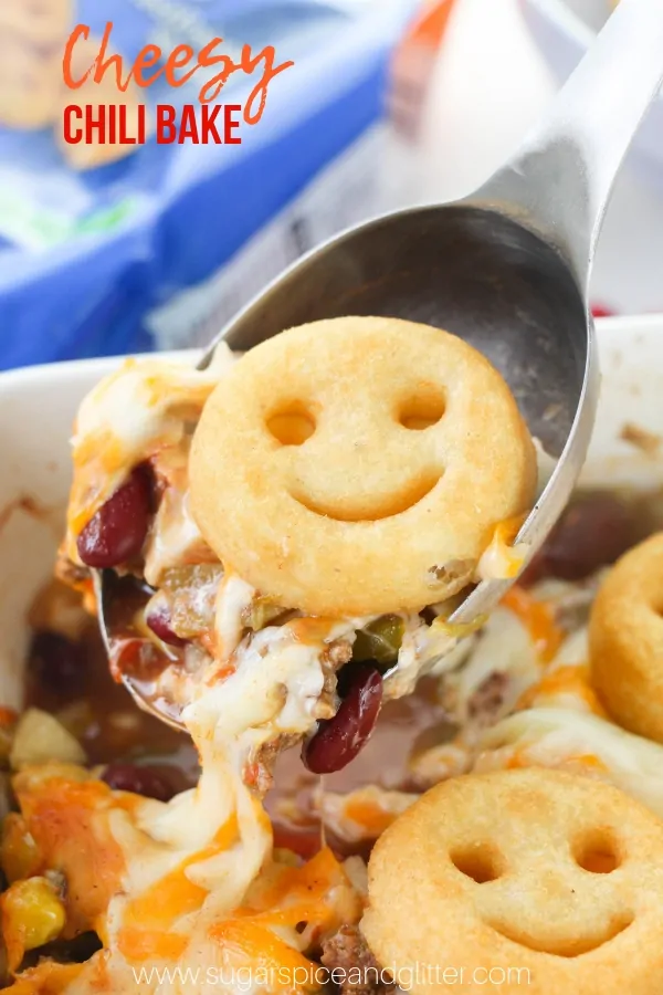 A kid-friendly chili bake recipe with plenty of cheese and veggies, and some Smiles on top for good measure!