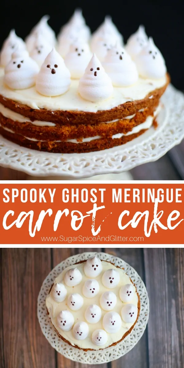 This simple Ghost Carrot Cake is an easy Halloween dessert to whip up for your family or a Halloween party! We made fresh ghost meringues as a cute Halloween cake decoration