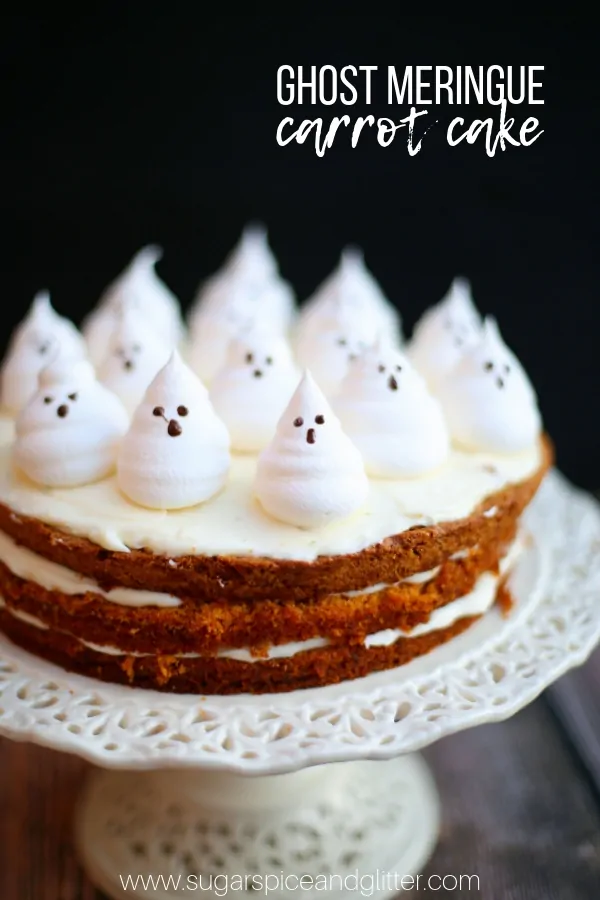 This spooky Ghost Meringue Carrot Cake is a fun Halloween dessert for grown-ups. It would be perfect for your Halloween party, or a Halloween family night dessert!