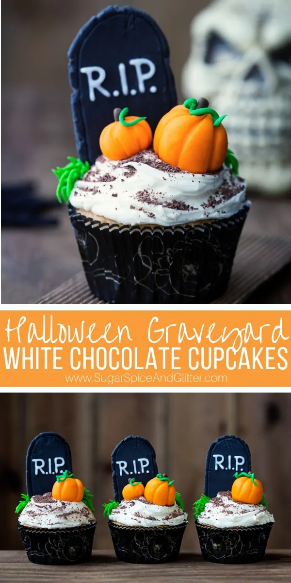 Halloween Graveyard White Chocolate Cupcakes with white chocolate buttercream frosting and spooky fondant decorations. A super simple yet grown-up tasting Halloween party recipe