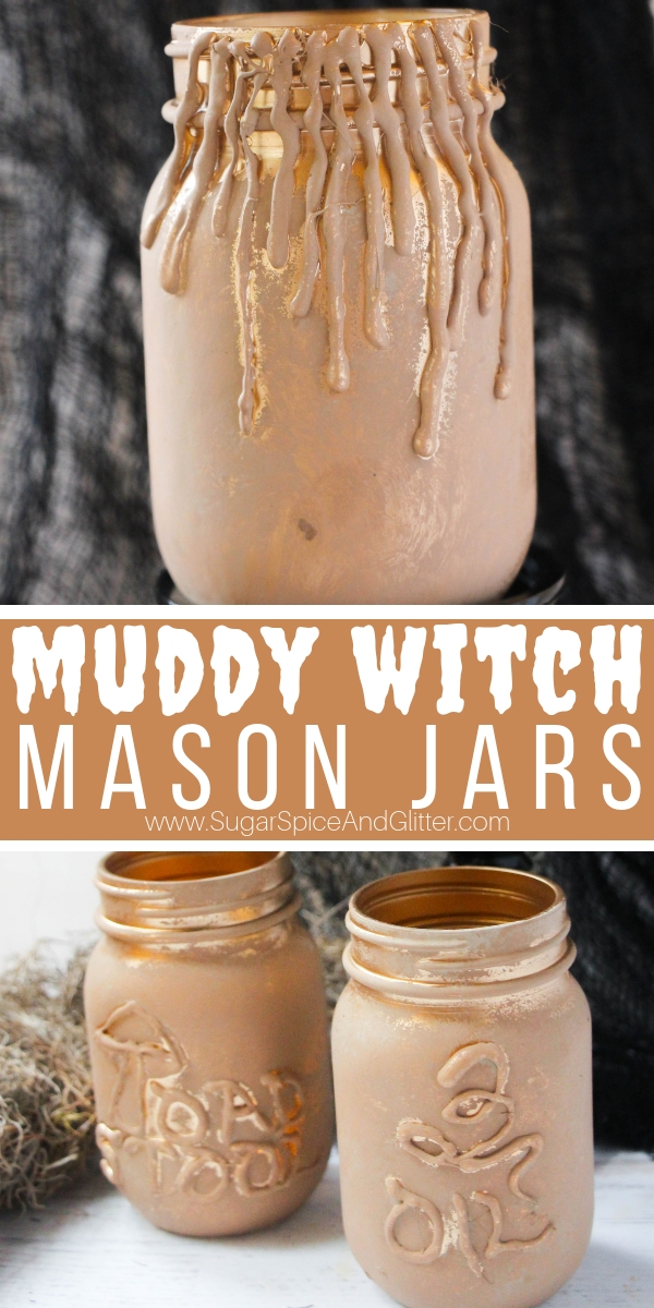 A super easy Halloween mason jar craft, these Muddy Magic Potion Mason Jars look like they've just tumbled out of a witch's dusty lair and make a great addition to your Halloween home decor.