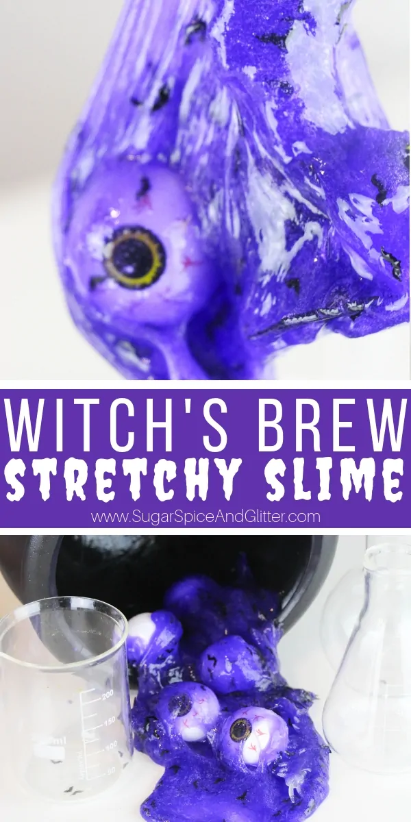 A fun Halloween slime recipe, this Witch's Brew Slime is stretchy and spooky - the perfect 3-ingredient contact solution slime recipe for kids!