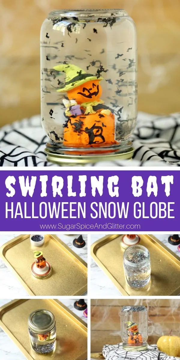 A fun Halloween Snow Globe, this mason jar snow globe is a super simple Halloween craft for kids that makes a great piece of homemade Halloween decor, too!